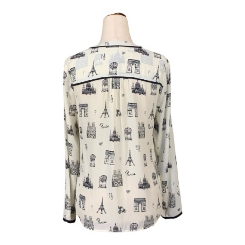 Talbot's Paris Print Tie Front Blouse Ivory Black Sketch Print Size XS P - Picture 4 of 12
